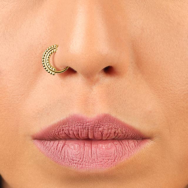 14K Solid Gold CZ Beaded Double Row Nose Ring - 20G | Banter